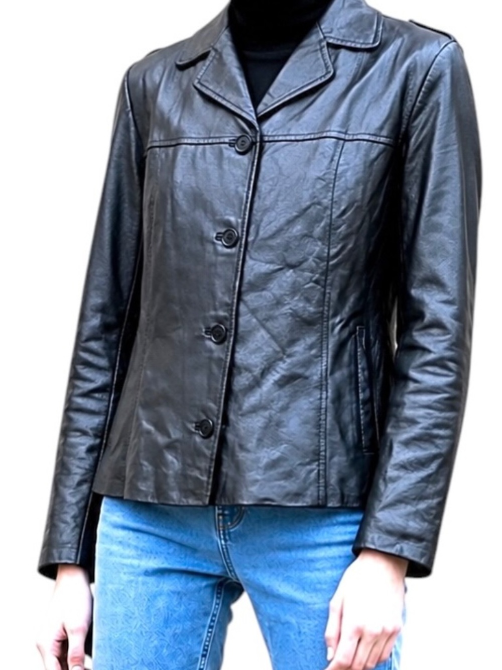 CLIO Vintage Black Leather Cropped Jacket S/M Button Front Minimalist Y2K 90's